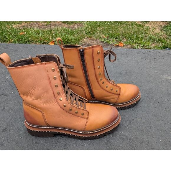 Vintage Foundry Co Womens Portia Lace Up Leather Boots Sz 9.5 Tan Burnished Lug - Picture 1 of 6